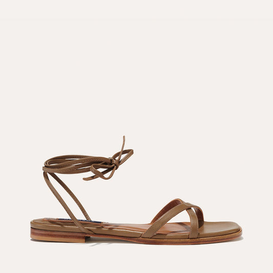 Margaux's classic strappy Wrap Sandal with ankle ties, made in Spain from soft, olive brown Italian nappa leather